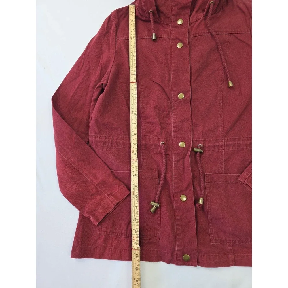 Forever 21 Burgundy Utility Jacket Womens Medium Hooded Anorak Cinch Waist Faded